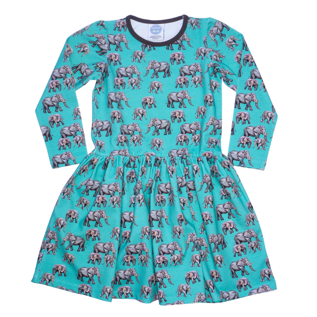 Organic Cotton Long Sleeve Dress - Aqua Elephant: Size 18-24M