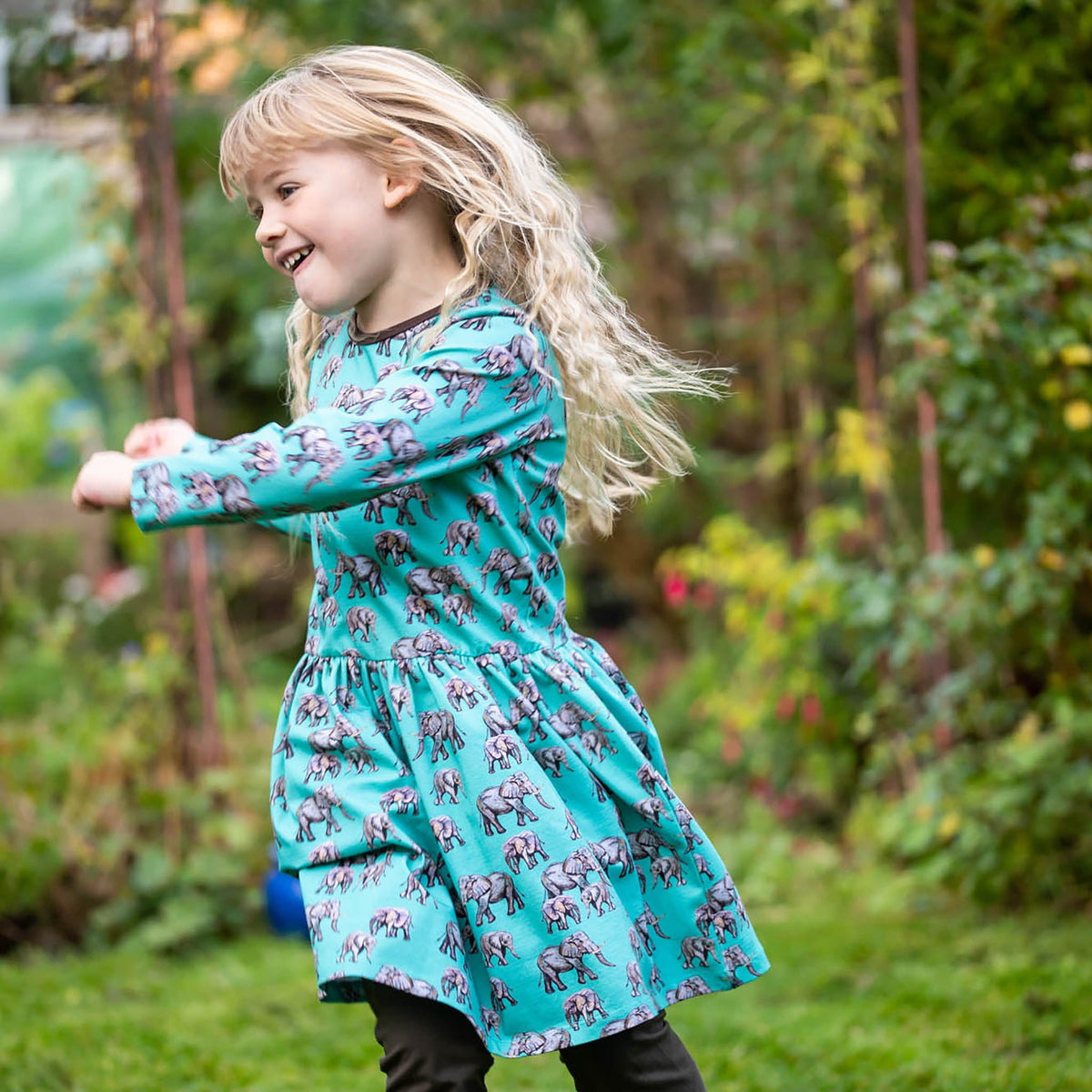 Organic Cotton Long Sleeve Dress - Aqua Elephant: Size 18-24M