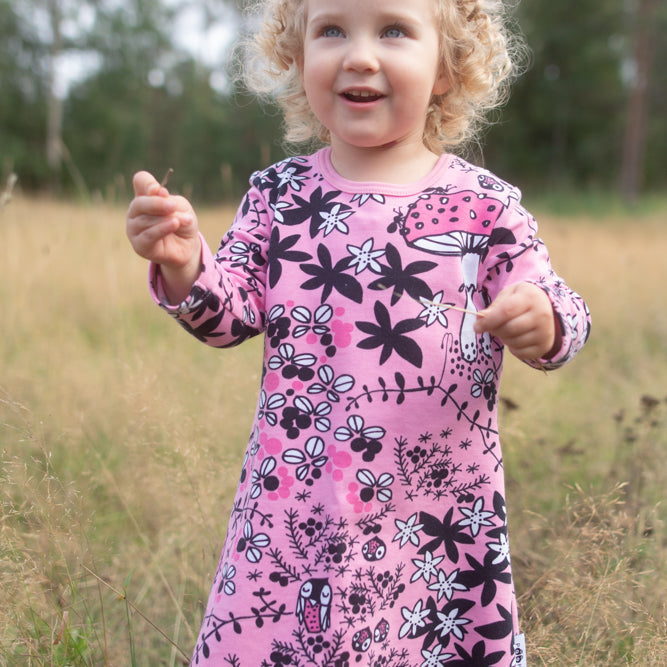 Organic Cotton Long Sleeve Sweatshirt Dress - Pink Woodland: Size 1Y